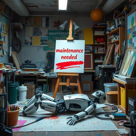 image of a messy cluttered and colorful art studio in the middle of the room is standing an large easel with the text "maintenance needed" underlined with a red brush stroke, there is a broken humanoid robot laying on the floor and electric sparks are coming out of the robot
