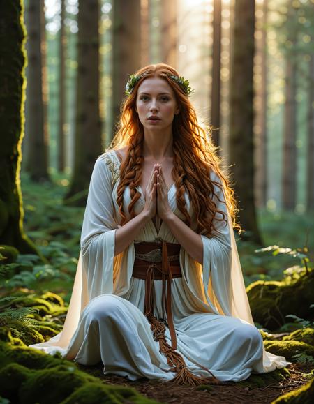 freyja, auburn hair, braided hair, magic, forest, mythic beauty, <lora:NBN-Freyja_NordicByNature:0.8>, ,A Viking shieldmaiden praying to Freya, asking for victory before a great raid.,low light, soft natural light, Rembrandt style light, Hasselblad DLSR camera, 200mm Zeiss lens, f/2.8 clear focus, high resolution image, ,Sexy pose, erotic pose, exhibitionism, ,English garden