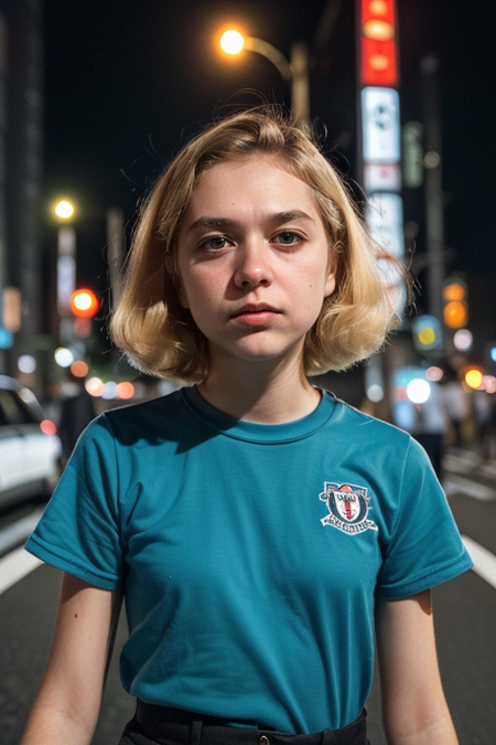 SnailMail, 1girl, ((dyed blonde hair, dark roots)), (slim, fit), ((Futurism movement portrait, bustling Tokyo street at night, speed, technology, modernity, dynamic motion, blurred lights:1.3))