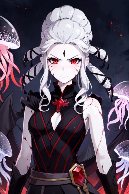 salem \(rwby\), 1girl, white hair, white skin, pale skin, cracked skin, red eyes, black dress, angry, solo, detailed face, looking at viewer, cowboy shot, upper body, demon, darkness, blood, blood water, jellyfish, (masterpiece:1.2, best quality)