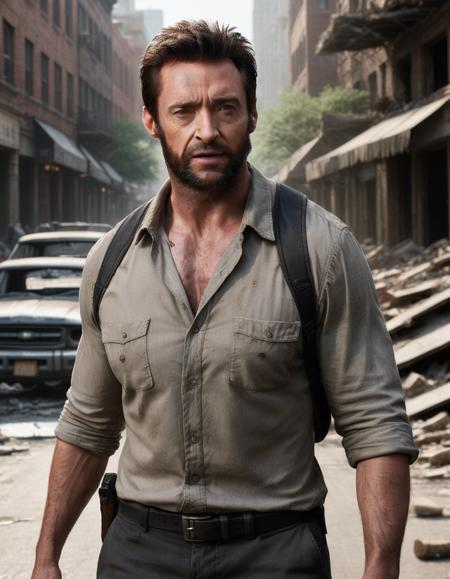 medium shot, photorealistic, hugh jackman from the last of us game standing in an destroyed city street, open shirt, cinematic lighting, dynamic pose