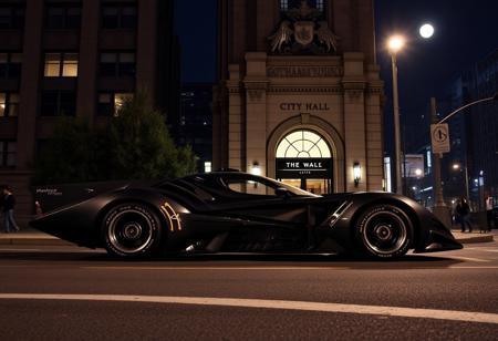 YFG-SDE Batmobile side view outside Gotham City Hall. Night, street without people on the street. Dim city lighting and full moon light.