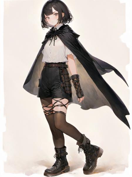 (SimplePositiveXLv1:0.8),young 1girl,black short bob hair, black cloak de cour, black shorts, lace-up boots, white long socks, white shirt, chest harness,white background