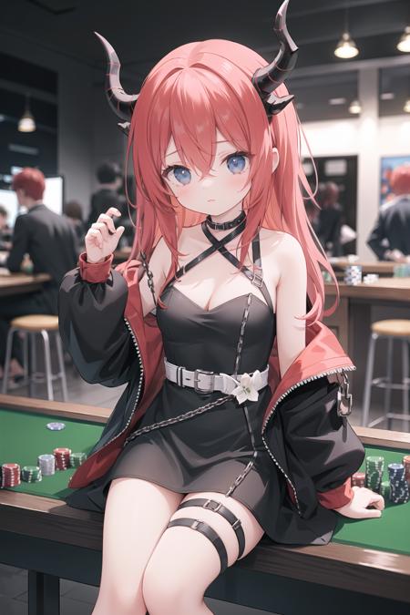 blurry, depth of field, rating:safe, 1girl, surtr (arknights), blurry background, blurry foreground, chest strap, solo, breasts, red hair, bare shoulders, cleavage, black belt, belt, horns, medium breasts, black dress, off shoulder, looking at viewer, dress, grey background, long hair, bangs, hair between eyes, jacket, chromatic aberration, chain,poker-faced,Stretch your hands forward,the net be buckled