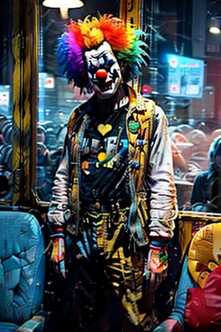 score_9, score_8_up, score_7_up,  1girl (medium full shot) of (angelic young woman:1.1) clown, green eyes, olive skin, curvy,             wearing a patched denim vest over a graphic t-shirt,black leather pants, vibrant rainbow ombre spiked messy hair, adorned with safety pins and tiny skulls, leaning back against a wall, horns pose,  lonely,heart tail duo, in  a graffiti-tagged train carriage hurtling through the urban landscape, its windows rattling with the bass of punk rock anthems blaring from tinny speakers, Inside, passengers find themselves surrounded by the chaotic energy of the punk scene, while servers with brightly colored hair and piercings deliver eclectic fare with a side of counterculture attitude, at night, Masterpiece,best quality, photorealistic, amazing quality, very aesthetic, extremely detailed face