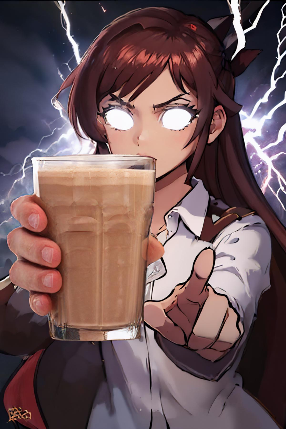 A woman with a cartoonish appearance holds a glass of iced coffee in her hand.
