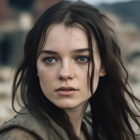 <lora:esme_sdxl:1> esme,, a close up portrait photo of 26 y.o woman in wastelander clothes, long haircut, pale skin, detailed skin, freckles,  slim body, background is city ruins, (high detailed skin:1.2), 8k uhd, dslr, soft lighting, high quality, film grain, Fujifilm XT3