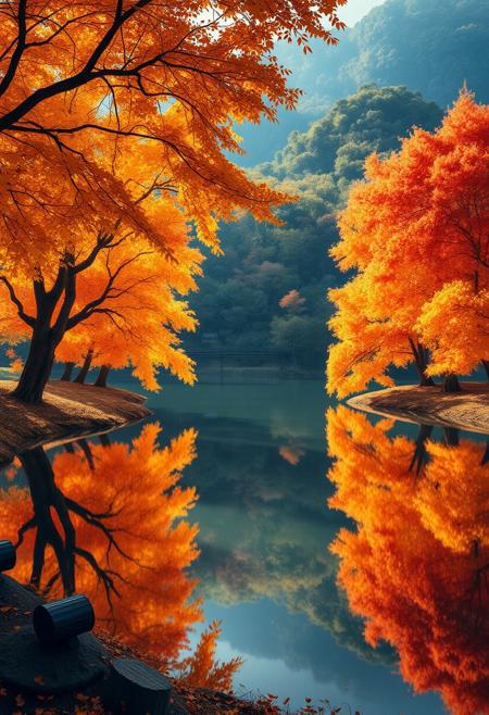 Stunning detail reflection of golden and orange katsura trees around a natural round lake, autumn, realistic, wide shot, art style of Studio Ghibli, magical, whimsical atmosphere, vibrant colors, beautifully lit, serene landscape