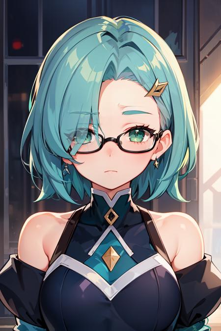 1girl, solo, (masterpiece, best quality:1.4), extremely detailed face, perfect lighting, <lora:GoodHands-beta2:1>, manya, <lora:manyahsr5:0.7>, manya, manyadef, hair over one eye, short hair, aqua hair, green eyes, glasses, forehead, bare shoulders, looking at viewer, short hair, bangs, bare shoulders, closed mouth, green eyes, blue hair, upper body, glasses, black-framed eyewear