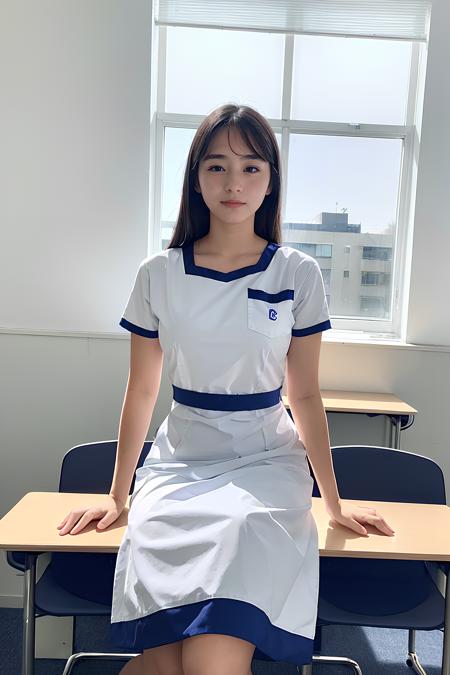 1woman, 20 yo, Classroom, (looking at viewer:1.5), masterpiece, best quality, HDR,UHD,8K,  <lora:DGSUFv1:0.9> DGS, blue girdle, white dress, solo