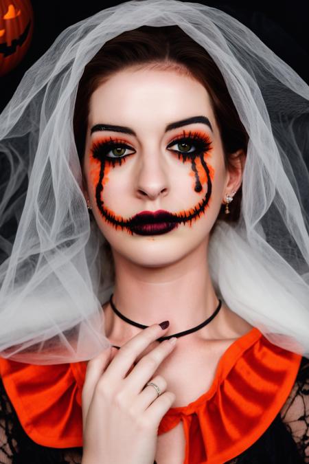 RAW photo, portrait of Anne Hathaway, a girl, HWmakeup, (Halloween costume:1.1), autumn, Halloween, Halloween theme, Halloween colors, 8k uhd, dslr, soft lighting, high quality, film grain, Fujifilm XT3, (intricate details:0.9), (hdr, hyperdetailed:1.2), <lora:HWmakeup:0.8>