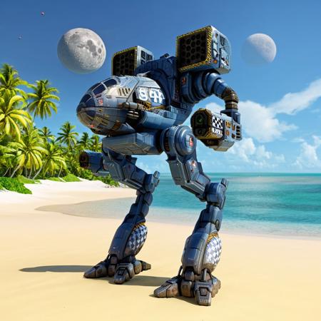 score_9, score_8_up, score_7_up, Battlemech, 7-MadCat, massive giant robot mech, walking on a tropical island, blue ocean, beach, on an alien planet, a moon is in the sky, detailed, masterpiece,