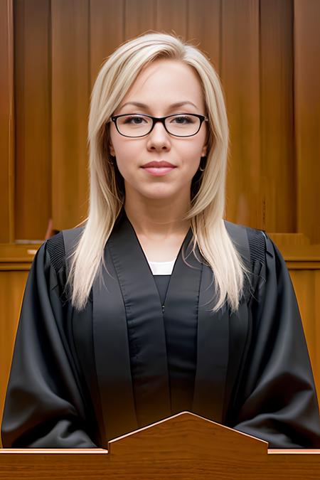 professional portrait photo of attractive j0d14r1453 wearing glasses, dressed as a judge in a black robe and a courtroom in the background