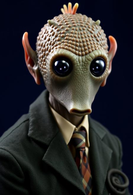 ​A studio shot hyper-realistic portrait of a Rodian alien. He is sat in a dark green tweed country field jacket, cream shirt and tartan tie against a dark blue backdrop. He looks directly toward the camera. Professional studio portrait photography with classic portrait lighting and shallow depth of field against a seamless backdrop.