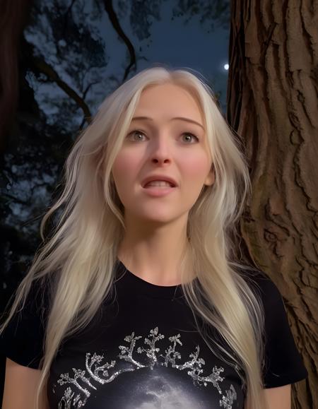 In an ethereal, moonlit forest glade, the enigmatic BR4UT0, her long, platinum blonde hair cascading down like silken waterfalls, dons a unique, intricately adorned black t-shirt with short sleeves, embellished with sparkling silver jewelry that catches the moonbeams. Her brown eyes glisten with an alluring smile, her parted lips slightly pursed as if about to share a secret. The camera angles from below, capturing a close-up of her striking face and piercing gaze, set against the backdrop of ancient trees that loom dark and mysterious. The soft, ethereal glow of the moonlight filters through the leaves above, bathing her in an otherworldly luminescence, creating a mesmerizing portrait that captivates the viewer and invites them to delve deeper into the mystery of BR4UT0.