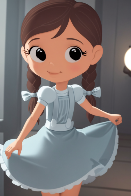 masterpiece, best quality, 1girl, dorothy, brown hair, twin braids, black eyes, dress, upper body, solo, looking at viewer, cartoon, simple background  <lora:Dorothy:1>