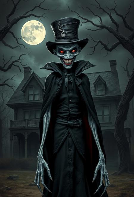 a tall, gaunt figure with long, spindly fingers and toes, clad in tattered, black, Victorian-era inspired attire, complete with a crimson-lined black cape, a top hat adorned with a silver pin shaped like a serpent, and a white, ghostly pallor, with sunken eyes that glow like embers, a twisted, cruel grin spreading across a face with prominent cheekbones and a pointed chin, standing in front of a creepy, abandoned, cobweb-covered mansion, with a full moon hanging low in the dark, foreboding sky, surrounded by twisted, gnarled tree branches that seem to reach out like skeletal fingers.