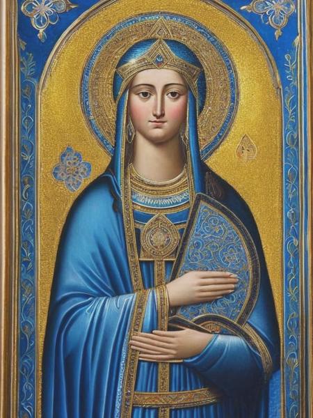 a byzantine icon of a young beautiful pale girl wearing ornate blue robes