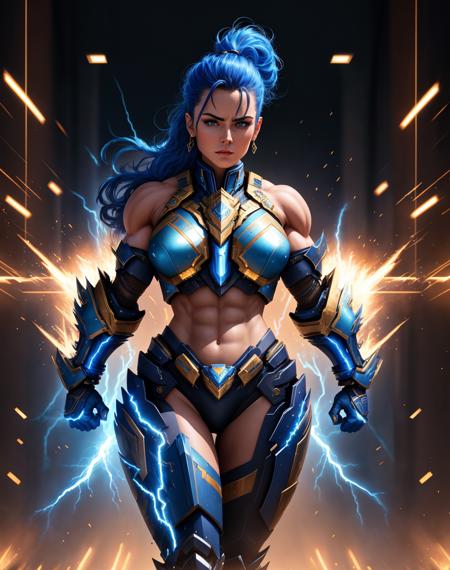 4K, Masterpiece, highres, absurdres, 
edgThunderstruck, a woman flexing, with a blue and gold armor ,wearing edgThunderstruck_armor, electrified, weilding thunder
 <lora:edgThunderstruck:0.35>