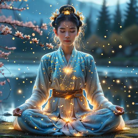 A serene Asian woman sits gracefully on a yokozuwari pose in a hanfu woven from shimmering starlight, its long sleeves cascading with intricate constellations. Her hair is adorned with a luminous bun, crowned by a radiant hair flower that pulses with soft bioluminescence. Delicate jewelry glows with ethereal energy, and her makeup shimmers like crushed moonstone. Around her, golden cherry blossoms float on a gentle breeze, their petals emitting a serene glow. A river reflects the twilight sky, its ripples alive with swirling nebula-like hues. The mountains in the distance fade into a dreamy haze of iridescent mist, while the grass beneath her sparkles with dewdrops of liquid light. Her expression is tranquil, gazing at the viewer with quiet wisdom, as if she holds the secrets of the cosmos in her eyes.