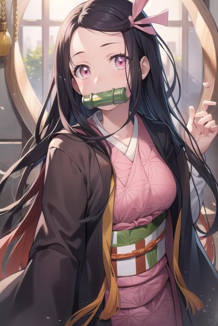 nezuko kamado, bamboo, bit gag, black hair, forehead, gag, gagged, hair ribbon, long hair, multicolored hair, (pink eyes:1.5), orange hair, slit pupils, wavy hair, two-tone hair, asa no ha (pattern), checkered sash, haori, japanese clothes, kimono, long sleeves, obi, pink kimono, sash, wariza,  wide sleeves