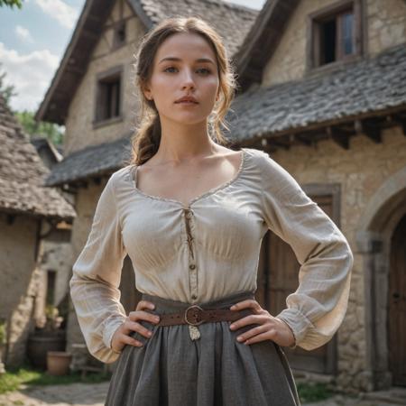centered, wide shot photo, from below, beautiful woman peasant, perfect breasts, round breasts, medieval tunic, fantasy village
