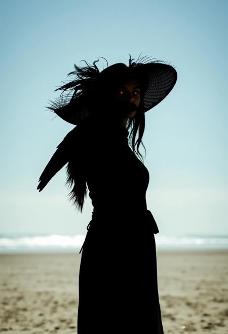 black silhouette  of an woman whose eyes are eerily glowing, a raven on her shoulder, black big hat, beach, day light, full body, long shot,