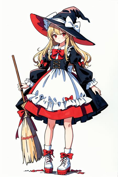 best quality,masterpiece,traditional media, marker_\(medium\),painting_\(medium\), 
watercolor_\(medium\), simple_background, 1girl,witch,solo, full body,long hair, blonde hair, witch hat,red eyes,
holding broom,puffy sleeves,white_bow,dress,red_footwear,bow, short sleeves,boots,