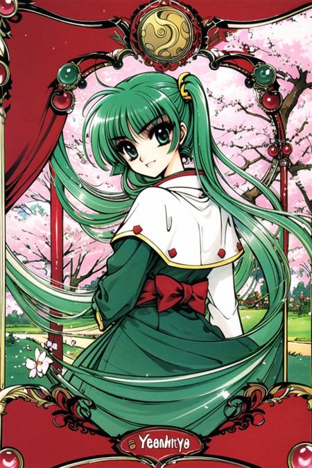 clamp,Magic Knight Rayearth,open jacket, green hair,long hair,cherry blossoms, cherry hair ornament, hanami, sakura,1girl,solo,hatsune_miku, upper body, <lora:Magic knight Rayearth:0.8>