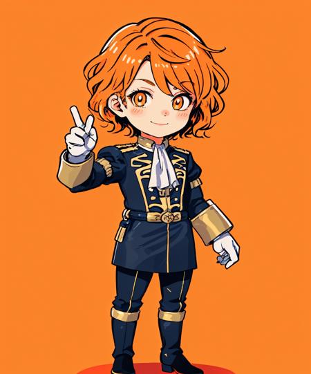 simple background, orange background, cute, chibi, full body, looking at viewer, smile <lora:FerdinandvonAegir:0.7> ferdinandvonaegir, garreg mach monastery uniform, gloves, short hair <lora:Cutedoodle_SD15:0.65> cute doodle