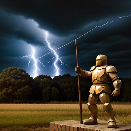 Wooden knight shooting lightning from his hands at power poles, 8k extreme detail, Outside, standing next to a metal machine, realistic, perfect, no mistakes,