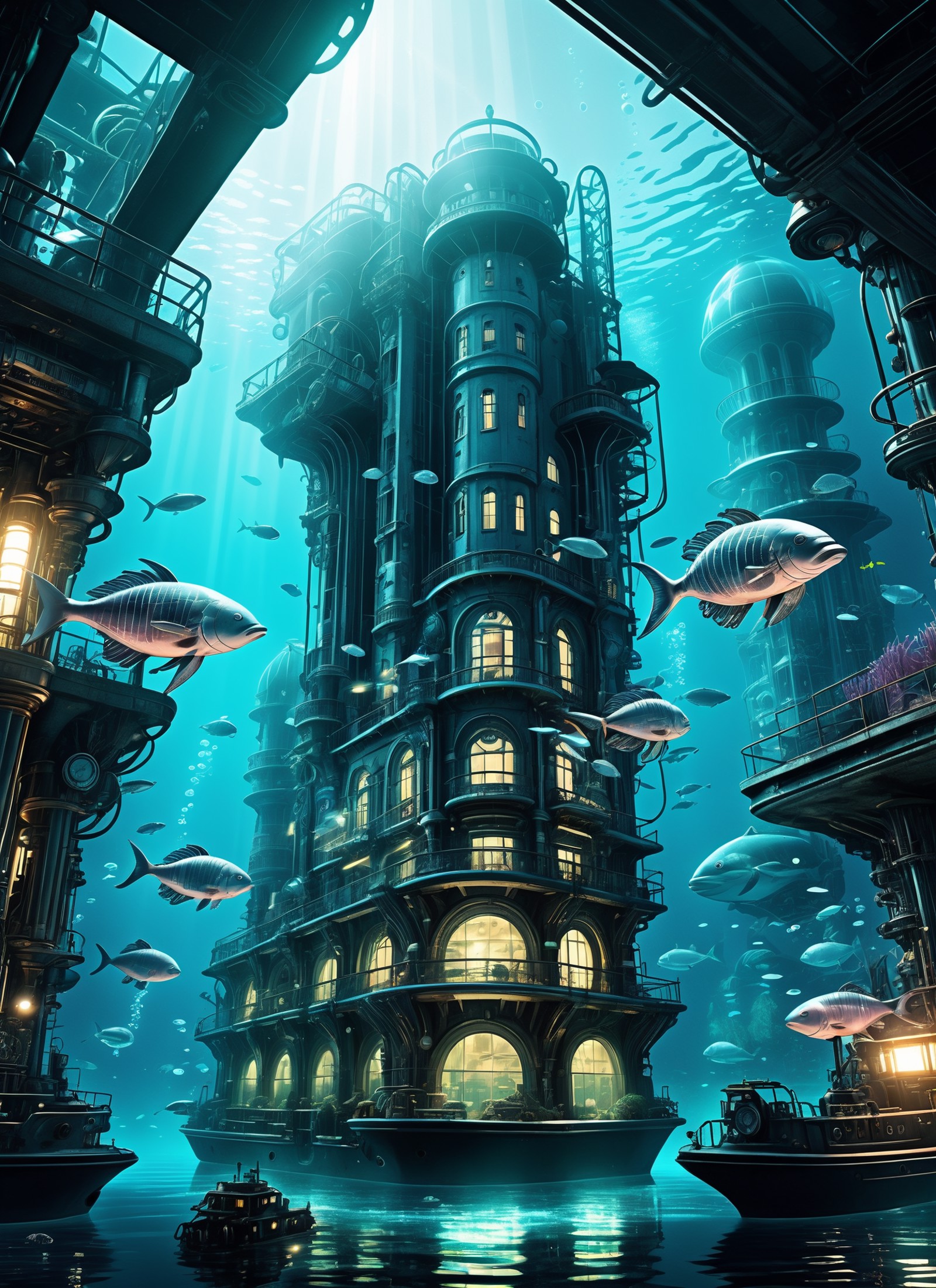 Wide angle Seapunk technical illustration, (Enchanting underwater city:1.2), Monochromatic lighting scheme, Detailed archi...