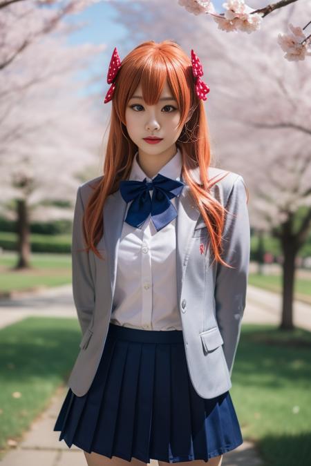 sakura chiyo bow, school uniform, jacket, blazer, collared shirt,bowtie,pleated skirt, ahoge,orange hair, long hair, hair bow, polka dot bow,