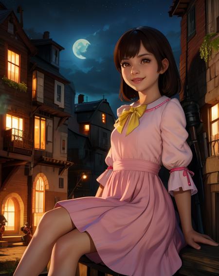 Marlene,brown hair,brown eyes,bangs,
pink dress,yellow ribbon,
sitting,  
light smile,
outdoors,steampunk,science fiction,night,
(insanely detailed, masterpiece, best quality),<lora:MarleneWallace:0.8>,