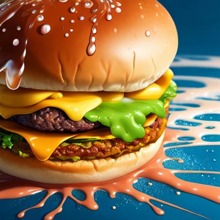 (art by SLPASHTER_3-7000:1.2), ((best quality)), ((masterpiece)), ((realistic)), (detailed), close up of a hamburger, background is blurry kitchen, painted by syd mead, high quality