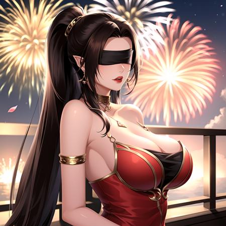 1girl, fireworks,red blindfold, ponytail, pointy ears, upper body, solo, night, jewelry, earrings, long hair, black hair, falling petals, brown hair, petals, cherry blossoms,large breasts,shiny skin,(mature female:1.2),cai lin,<lora:cailin-v1.5-lora-naivae-final-6ep:0.7>