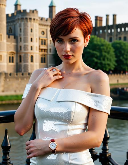 RAW full body analogue photo of a beautiful 25 years old auburn haired woman, clear focus, high resolution image, <lora:Jane_Auburn_SDXL:0.5>,wearing White sequin cocktail dress, off-shoulder, white stilettos, Vacheron Constantin watch, bright red tattoos, shimmering white sequins, high-gloss finish, detailed buckle, reflective watch case., ((cute-pixie-cut:1.5)),low light, soft natural light, Rembrandt style light, Hasselblad DLSR camera, 200mm Zeiss lens, f/2.8 ,Sexy pose, erotic pose, exhibitionism ,The Tower of London with its historic fortress and Crown Jewels