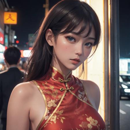 masterpiece,ultra realistic,32k,extremely detailed CG unity 8k wallpaper, best quality,1 girl, cheongsam,, head shot, street, hongkong street, (film grain:1.2), (film overlay:1.3), night,  <lora:Hongkongcolor:0.6>