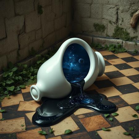 a white vase is lying on an overgrown ancient checkerboard floor, the vase is leaking dark shimmering glowing liquid with galaxies and stars flowing inside of it