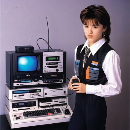 electronics, motherboard, houdstooth, formal wear, 1980s fashion, new wave aesthetics, neon colors, (((nec pc-8801))), videocassette recorder, cd player, hi-fi rack, corded phone, stereo, (((1980s (style)))), 1girl, wearing sneakers