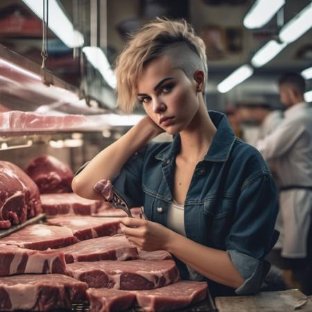 <lora:olivia_vinten_xl_lora:1> olivia vinten woman a beautiful woman, 26 years old, with a crew cut hairstyle with black fade hair and bangs!!!!!!, in a Paris butcher shop, surrounded by hanging meat, (high detailed skin:1), 8k uhd, dslr, soft lighting, high quality, film grain, Fujifilm XT3