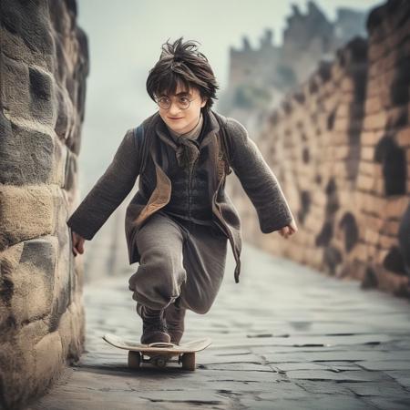 award winning photo, daniel radcliffe dressed as harry potter skateboarding on the great wall <lora:RMSDXL_Enhance:1> <lora:sd_xl_dpo_lora_v1:0.4> <lora:MJ52:0.4>,  (film grain, bokeh:0.5),
 <lora:eye_catching:0.7> ,