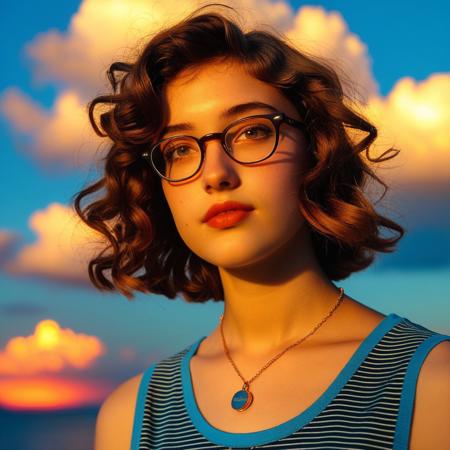 feminine, photograph, realistic, detailed, (small_breasts, perky_breasts, necklace, glasses, thick,
(20yo, nsfw, 1girl, pubic hair, short wavy hair, pretty, rouge,:1.4), sensual, exotic, mesmerizing, evocative, entrancing, artless, young, fresh, solo, (style of Henry Scott Tuke), (style of Anthony Thieme), (style of Gil Elvgren), :1.1), 
(1girl, solo, upper_body, sunset, evening, sky, from_side, gradient_sky,  twilight, nose, dusk, backlighting, blurry_background,  orange_sky, cloud, depth_of_field, sunlight, day, blue_sky, gradient_background, portrait, striped tshirt, tucked_in:1.0)