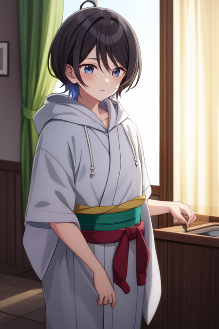 saegusayuu, short sleeves, curtains, hood up, drawstring, white shirt, night, standing, kimono