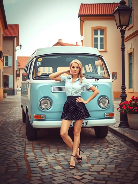 A vintage photo of a light blue Volkswagen bus parked on a cobblestone street in a quaint European town. A beautiful blonde-haired blue-eyed pin-up model in a short skirt and tight-fitting blouse poses in front of the bus. The surroundings are pastel-colored buildings with red roofs. There are flowers in a pot near the bus, and a lamppost is nearby. The overall image has a warm, vintage tone.
