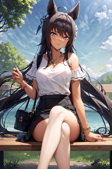 masterpiece, best quality,
symboli kris s \(umamusume\),
shoulder bag, bracelet, necklace, crossed legs, sitting, on bench, outdoorts,
white shirt, shirt stuck in skirt, black skirt, pencil skirt, 
<lora:symboli_kris_s_loha:0.7>