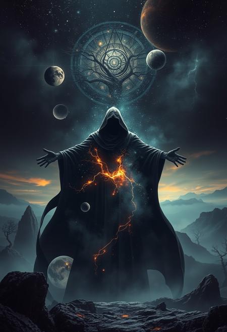 A universe inside a dark cloaked figure within mysterious landscape in an unfathomable realm of fantastic creation inhabited by ancient shadows of a forgotten time beyond the gate of the gateless gate where life is limitless, light is shadow and shadow is light, eerie sense, horror, spark of the beginning, existence and nonexistence at once, ethereal, outstretched arms, behold the end of the beginning, inglorious glory to the dark one, betrayal of the ancient order, beware the 7headed beast, destroyer of the old ways, bearer of the unbearable, nightmarish, archaic runes, tree aging backwards