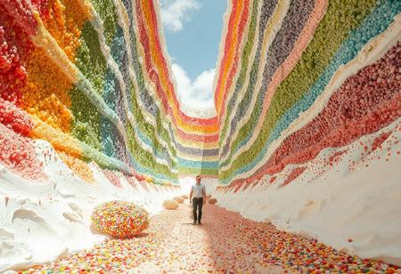 man walking at the bottom of the rainbow cake valley. The valley is made from cake and cream. walking between narrow towering, huge cake and huge topping cream. canyon of giant layered cake. bush of shiny candies. chip gravel spread along the path.