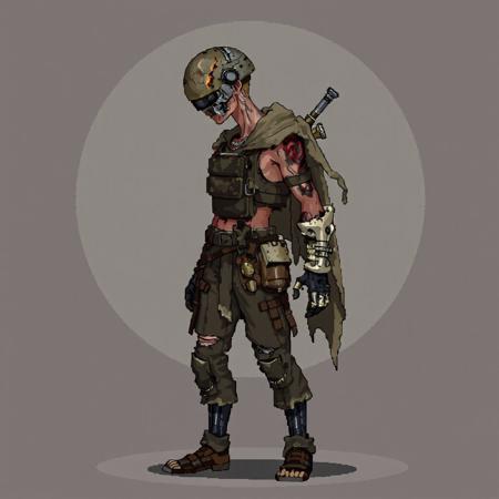 Post-apocalyptic pixel art character, lean but scarred male figure, wearing scavenged armor plates over torn tactical pants and a salvaged chestplate made of bone and scrap metal. One normal burned arm wrapped in cloth, one mechanical/bone-forged arm. Head partly covered with an ancient cracked helmet fused with a futuristic visor. Carries trinkets and relics. Tattered cloak on shoulder. Side view, gritty style, dynamic shadows. Pixel art format, Dead Cells-inspired.