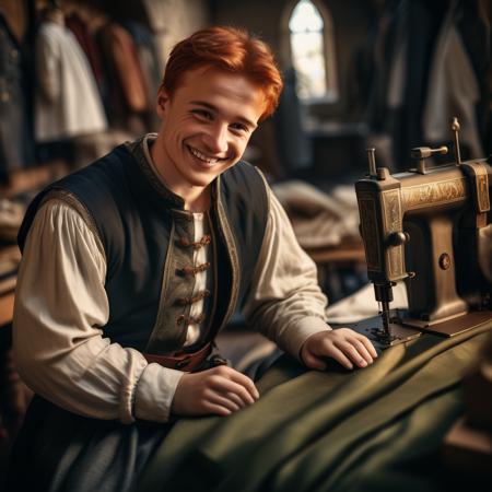 highly detailed analog photo of tailor, 

1boy, red hair, sitting, male focus, smile, depth of field, realistic:1.3, medieval tailor shop,


masterpiece, best quality:1.1, 

depth of field:1.1, 
(analog photography:1.2),



